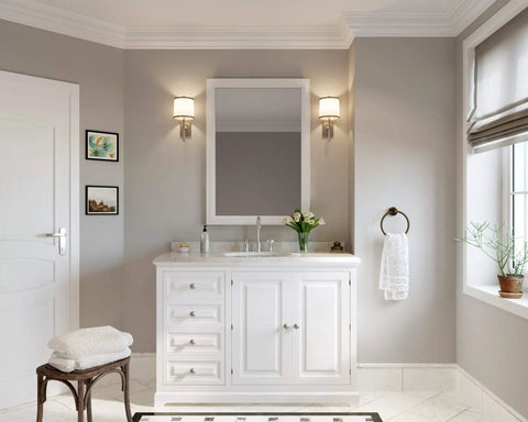 Modern bathroom with Prima 3 Bathroom Sink Faucet with 3-hole installation, chrome finish, solid brass construction on vanity
