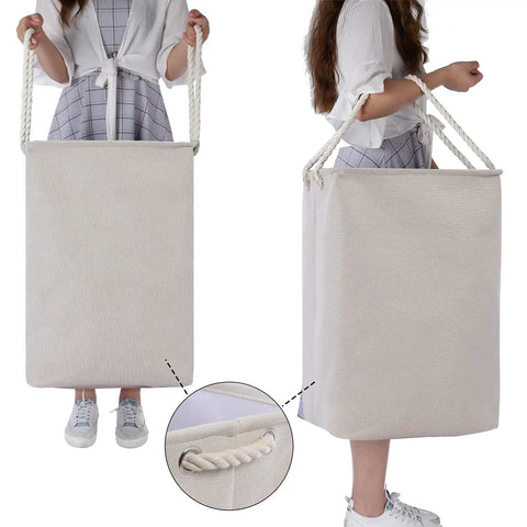 Woman holding Two Pack Stand Up Laundry Hampers With Built In Lining Detachable Rods Handy Handles And Brackets Collapsible