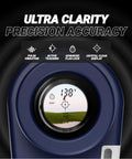 Close-up of Series 3 Max Plus Golf Rangefinder display showing golf course image with precision features listed above.