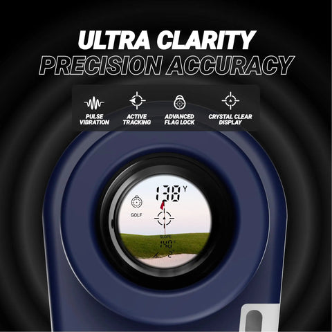 Close-up of Series 3 Max Plus Golf Rangefinder display showing golf course image with precision features listed above.