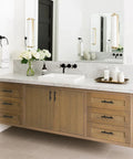 Vanity with 30 Pack Matte Black T Bar Cabinet Pulls, 6 Inch Length With 3-3/4 Inch Hole Centers, Stainless Steel Dresser Drawer Pulls shown in bathroom setting