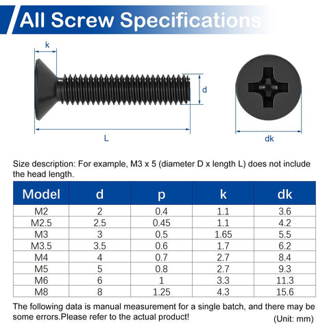 M6 X 12mm Phillips Countersunk Machine Screws 304 Stainless Steel Set 35 Pack Flat Head Hardware for Electronics and DIY Projects Durable Corrosion Resistant Easy Installation, black screw diagram