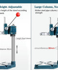 Rock Solid Drill Press Stand For Hand Drill With Vise featuring adjustable height, 80 mm steel column for stability, and sturdy cast iron base.