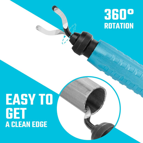 Deburring Tool Pro Grade With 12 M2 High Speed Steel Blades, 360 Degree Rotating Head shown smoothing metal edge