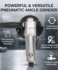 5 Inch Pneumatic Angle Grinder Hits 11000 RPM for metal cutting and polishing with ergonomic grip and composite body.