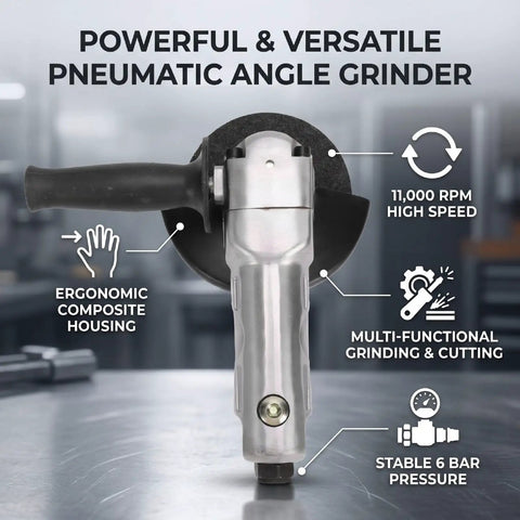 5 Inch Pneumatic Angle Grinder Hits 11000 RPM for metal cutting and polishing with ergonomic grip and composite body.