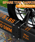 Close-up of Beefy Heavy Duty Spare Tire Carrier for Utility Boat Trailers with 5mm steel and 180 lb rating, attached to tire.