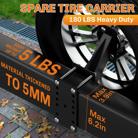Close-up of Beefy Heavy Duty Spare Tire Carrier for Utility Boat Trailers with 5mm steel and 180 lb rating, attached to tire.
