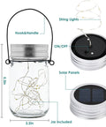 Hanging Mason Jar Solar Lights 6 Pack With 30 LED Lanterns, waterproof jars, hooks, solar lids, and string lights details