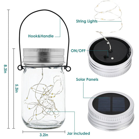 Hanging Mason Jar Solar Lights 6 Pack With 30 LED Lanterns, waterproof jars, hooks, solar lids, and string lights details
