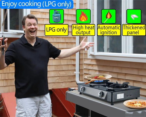 Outdoor setup with a Propane Stove 2 Burner Gas Cooktop With Auto Ignition 26000 BTU Tempered Glass Outdoor Cooker LPG