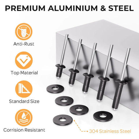 Heavy Duty 200 Pcs 3/16 Inch Pop Rivets Assortment Kit, black aluminum rivets and stainless steel washers, corrosion resistant