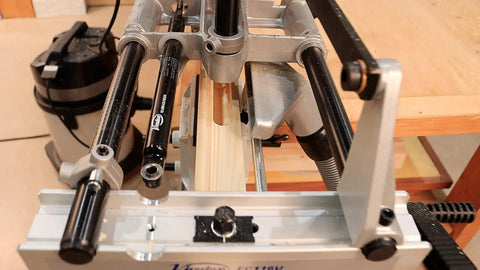 Close-up of Portable Lock Mortiser Machine For Wooden Doors Pro Grade On Site And Workshop Use 1100W in action