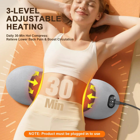 Ergonomic 3-In-1 Lumbar Support Pillow With Triple Fusion Back Massager And Heat For Sciatica Pain Relief shown in use with adjustable heating.