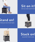 Quik Cart Collapsible Rolling Crate On Wheels For Teachers And Pros, black, used as a seat, step stool, and storage with handle extended