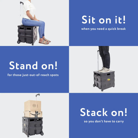 Quik Cart Collapsible Rolling Crate On Wheels For Teachers And Pros, black, used as a seat, step stool, and storage with handle extended