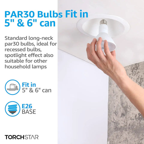 Installing 8W Equivalent PAR30 LED Bulbs 75W Replacement CRI 90 Plus into recessed trim, hand holding bulb, indoor setting