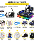 All In One 12 By 15 Inch Heat Press for DIY T Shirts Mugs Caps 360 Degree Swing Away with various accessories displayed