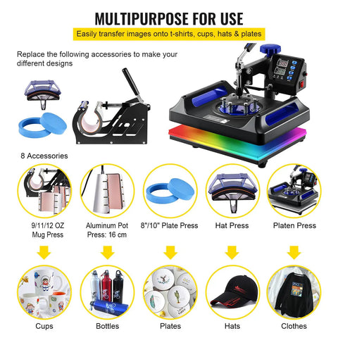 All In One 12 By 15 Inch Heat Press for DIY T Shirts Mugs Caps 360 Degree Swing Away with various accessories displayed