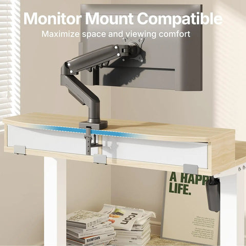 Compact Electric Standing Desk With Two Drawers 32x21 Inch Workstation C Clamp Mount Compatible Light Walnut with monitor arm