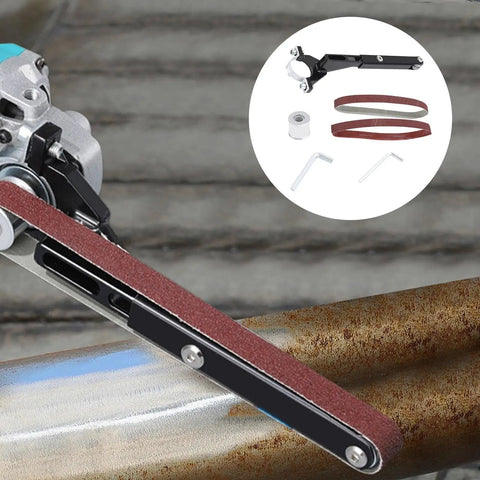 Heavy Duty Angle Grinder Belt Sander Adapter Built Tough With Wear Resistant Alloy mounted on a steel pipe for sanding.