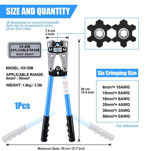 Pro Grade 2 Piece Wire Crimping Tool Kit With Cable Cutter Terminal Crimper For Cu And Al Lug Crimping with size chart
