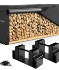 Heavy Duty Firewood Rack And 8-Foot Cover Bundle For Outdoor Wood Storage, logs covered, black powder coated brackets
