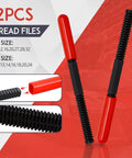 Close-up view of 2 SAE rethread files with red handles from the 42 Piece Thread Restorer Kit With Taps Dies And Rethread Files.