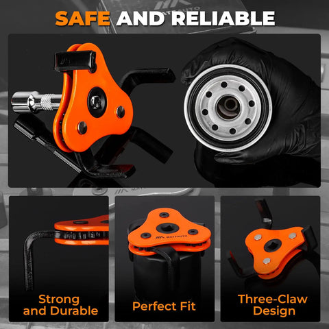 Universal 3 Jaw Oil Filter Wrench Set With Gear Driven Heat Treated Steel Jaws For High Torque Removal Of Stubborn Filters, adjustable 3-jaw wrench gripping oil filter