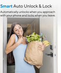 Woman entering home with groceries using WiFi Smart Lock With Handle And Fingerprint Keyless Entry, Auto Lock And Auto Unlock, App Remote Control, Front Door Deadbolt, ANSI Grade 1, No Hub Needed, Direct 2.4GHz Connection.