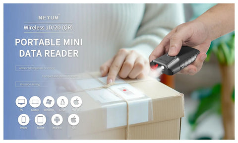 2D Bluetooth Barcode Scanner E800 Portable Gun Style 3 In 1 QR Reader With Back Clip scanning a package label