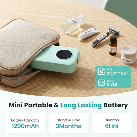 No Sweat Bluetooth Mini Label Maker With Compact Thermal Printer showing portable design, mint color, and accessories on wood table.
