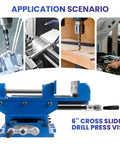 Top Shelf Heavy Duty Cast Iron Cross Slide Drill Press Vise Featuring Knockout Precision Slides And A Beefy Build For Crushing Woodworking Metal Jobs And Cnc Milling Tasks Like A Pro, 6 inch size, in use for drilling.