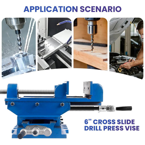 Top Shelf Heavy Duty Cast Iron Cross Slide Drill Press Vise Featuring Knockout Precision Slides And A Beefy Build For Crushing Woodworking Metal Jobs And Cnc Milling Tasks Like A Pro, 6 inch size, in use for drilling.