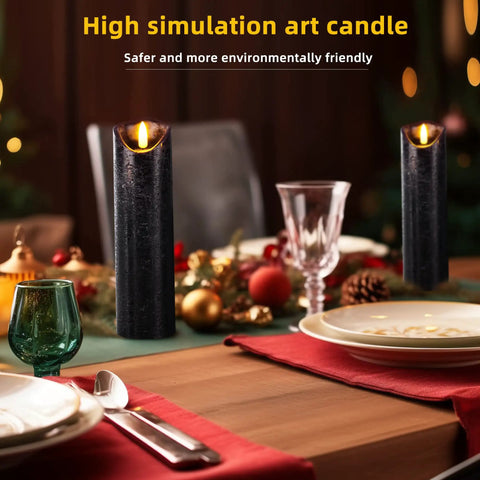 Set Of 9 Black Textured Flameless LED Real Wax Pillar Candles With Remote Control And Timer on festive dining table