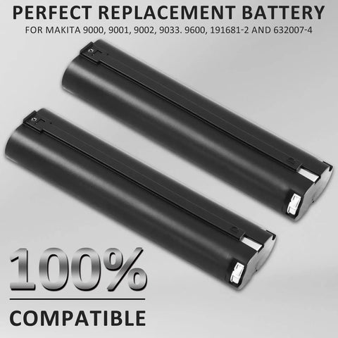 2 Pack Beefed Up 3600mAh NiMH Replacement Battery Pack For 9.6V Tools, shown side by side against a gray background.