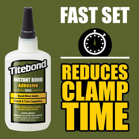 Instant Bond Thick CA Glue For Wood And End Grain, Fast Setting Ethyl Cyanoacrylate Adhesive with 'Fast Set' text on green background