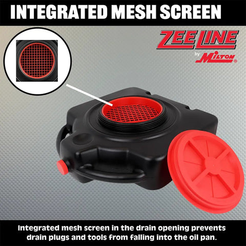 Lightweight 15 Quart Oil Change Pan with filter drain screen and 8 inch drain opening for easy pour and recycling