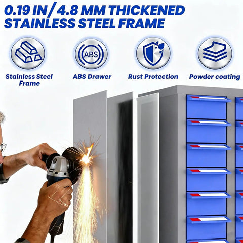 Heavy Duty 75 Drawer Parts Cabinet With Stainless Steel Frame And ABS Drawers, Bolt Bin Organizer for durability demonstration.