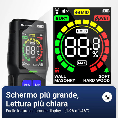 Pinless Moisture Meter For Drywall And Wood With Noninvasive Detection And Accurate Humidity Readings A Handy Tool For Drywall Masonry Hardwood Softwood Depth Up To Three Quarters Inch. Display close-up on moisture meter for wall masonry and wood