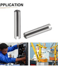 1.5mm By 6mm Slotted Roll Pin Set, 20 Pack, 304 Stainless Steel Spring Dowel Pins, shown with home machine and industrial application images