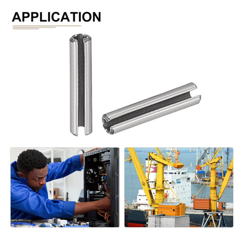 1.5mm By 6mm Slotted Roll Pin Set, 20 Pack, 304 Stainless Steel Spring Dowel Pins, shown with home machine and industrial application images