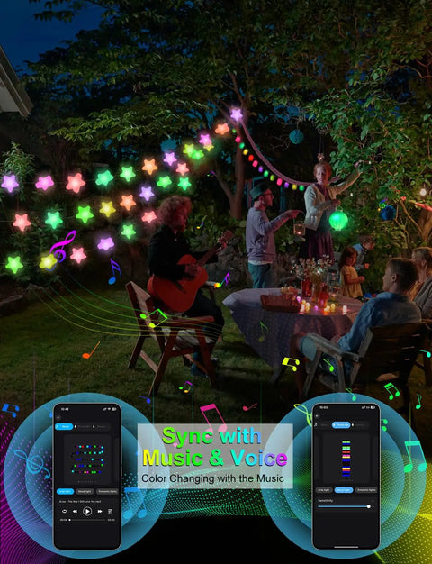 Outdoor party setting with Lit 32 8Ft RGB Fairy Lights With 66 Acrylic Star LEDs Plug In App And Remote Control, music sync.