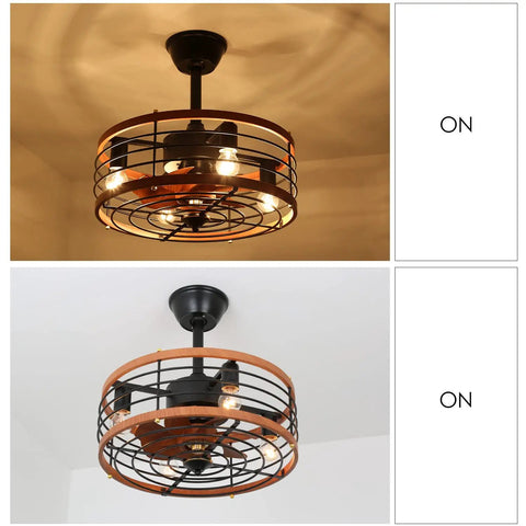 Caged Ceiling Fan With Light 21 Inch Rustic Dope Flush Mount With Remote, shown illuminated against ceiling.