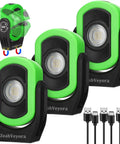 Three Pack 780 Lumen Magnetic USB Rechargeable LED Work Light, green with black accents, USB cables included for car repair and workshop.