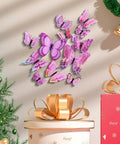 Pink 24 Piece 3D Butterfly Wall Decor Set With Removable Decals For Girls Room And Birthday Parties, assorted wing sizes on wall