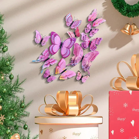 Pink 24 Piece 3D Butterfly Wall Decor Set With Removable Decals For Girls Room And Birthday Parties, assorted wing sizes on wall