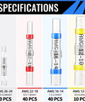 Image showing specifications of 120 Pack Solder Seal Wire Connectors Kit With Heat Shrink Waterproof Solder Butt Connectors For Automotive And Marine Electrical Wiring Terminals For Quick Durable Connections In Cars Boats And Other Heavy Duty Electrical Projects You Can Trust, detailing AWG sizes and color codes for different pack counts.