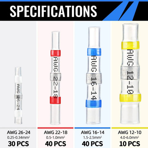 Image showing specifications of 120 Pack Solder Seal Wire Connectors Kit With Heat Shrink Waterproof Solder Butt Connectors For Automotive And Marine Electrical Wiring Terminals For Quick Durable Connections In Cars Boats And Other Heavy Duty Electrical Projects You Can Trust, detailing AWG sizes and color codes for different pack counts.