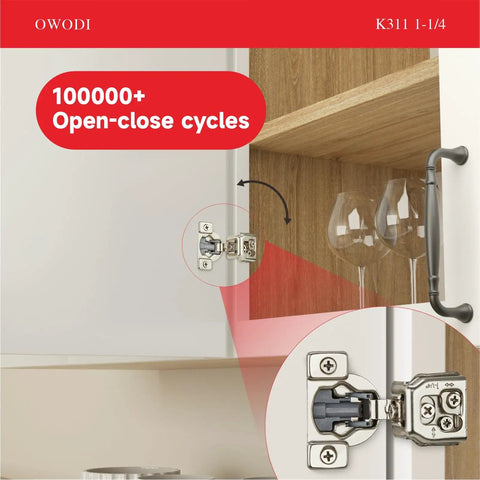 Image showing 40 Pack Soft Close Cabinet Hinges For Face Frame Doors 1-1/4 Inch Overlay Concealed Hinges, 105 Degree 3 Way Adjustable, 35mm Cup, Nickel Finish With Screws mounted on cabinet.